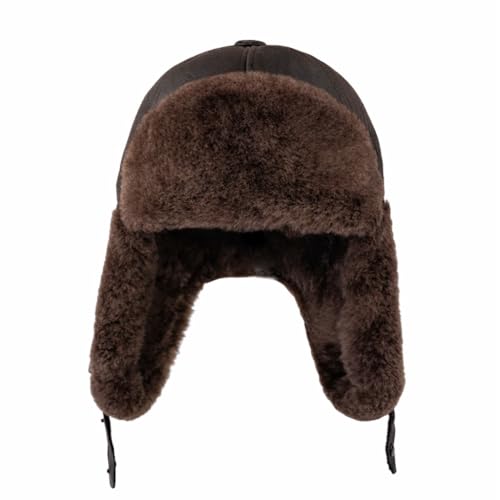 Leather Aviator Russian Ushanka Trapper Shearling Sheepskin Fur Ear Flap Waterproof Winter Hat - color: Brown, size: Medium
