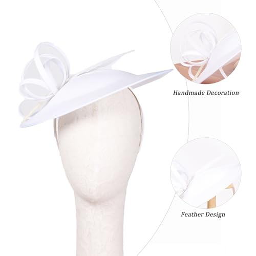 Women's Fascinators Feather Polyester Kentucky Derby Saucer Hats with Headband - color: White With Pearl