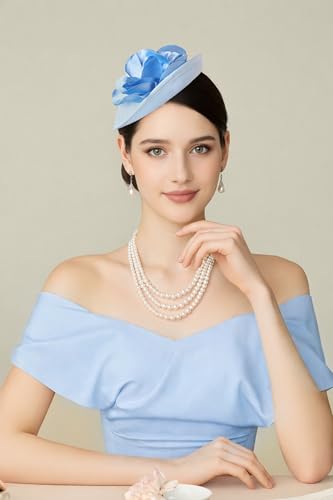 Coucoland Sinamay Flower Fascinators Hats for Women Pillbox Derby Headpiece - color: Light Blue