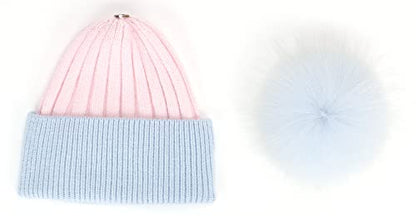 Women's Winter Ribbed Cuffed Beanie Skull Cap with Genuine Raccoon Fur Pom - color: Pink Blue