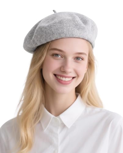French Beret Hats for Women - Wool Solid Color Beanie Cap - color: Melange Grey
