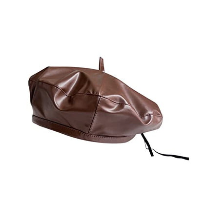 MINGSEECESS Women PU Leather French Black Beret Hat Causal Beanie Hat - color: Bright-brown