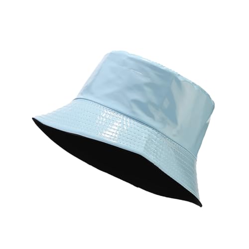 yolrdiw Unisex Fashion PU Leather Bucket Hat Glossy Reversible Rain Waterproof Fishmen Cap - color: Light Blue