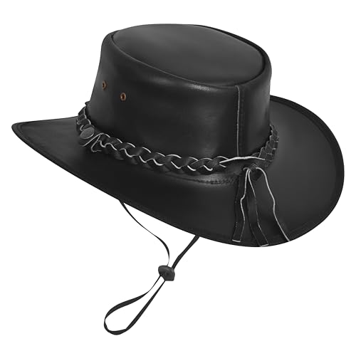 Black Leather Cowboy Hat – Australian Outback Style Western Hats for Men Leather Rancher Hat with Braided Band - size: Large