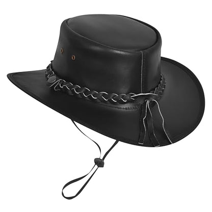 Black Leather Cowboy Hat – Australian Outback Style Western Hats for Men Leather Rancher Hat with Braided Band - size: Large