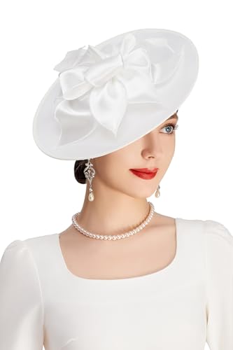 BABEYOND Derby Hats for Women Wide Brim Flower Feather Tea Party Fascinator - color: White