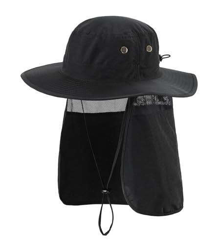 Home Prefer UPF50 Mens Sun Hat with Neck Flap Quick Dry UV Protection Cap Womens Wide Brim Fishing Hat Neck Flap Beach Garden - color: Black