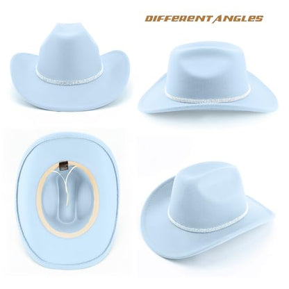 Western Cowboy Hats for Women Classic Felt Wide Brim Fedora Hat with Belt Buckle Retro Panama Hat Unisex Rolled up Cap - color: 1 Pack : Light Blue With 3 Rhinestones Bands