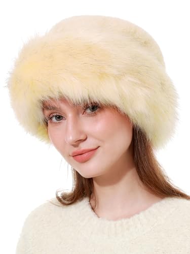sy soul young Women's Leopard Faux Fur Hats Fluffy Bucket Hat Russian Style - color: Beige
