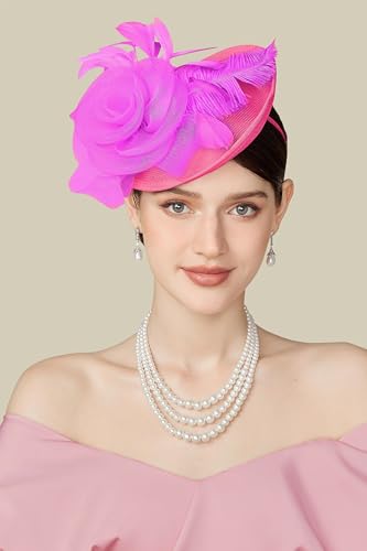 BABEYOND Fascinators Hats for Women Tea Party Mesh Flower Pillbox Derby Hat - color: Hot Pink