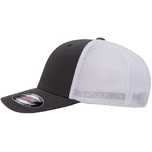Flexfit 6511 핏 미드 프로파일 스트레치 메시 패널 트러커 캡 - color: 차콜/화이트., size: 단일 사이즈