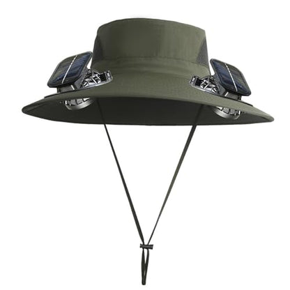 Men Women Wide Brim Sun Hats with 2 Solar Fan Waterproof Breathable Bucket Hat Outdoor Fishing Hat for Hiking Camping - color: Solid Army Green