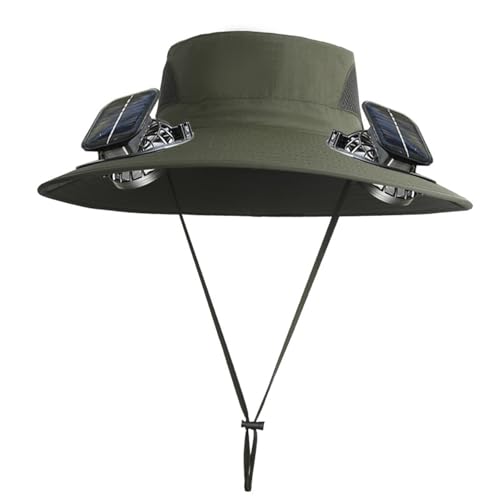 Men Women Wide Brim Sun Hats with 2 Solar Fan Waterproof Breathable Bucket Hat Outdoor Fishing Hat for Hiking Camping - color: Solid Army Green