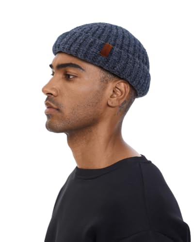 Chunky Wool Fisherman Short Beanie Hats Skull Cap for Men, Mens Thick Skater Streetwear Fishermans Beanie Daily Hat - color: Navy Blue