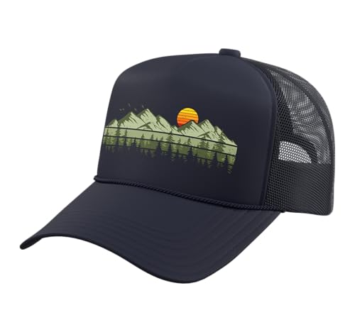 Trees Landscape Mountains Vintage Forest Trucker Hat with Adjustable Mesh Back - color: Navy Blue