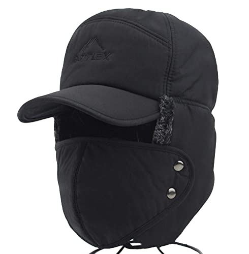 Winter 3 in 1 Thermal Fur Lined Trapper Hat with Ear Flap Full Face Warmer Cover Windproof Cycling Motorcycle Headwear - color: Black