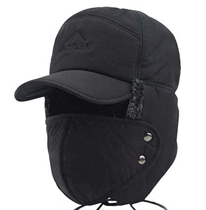 Winter 3 in 1 Thermal Fur Lined Trapper Hat with Ear Flap Full Face Warmer Cover Windproof Cycling Motorcycle Headwear - color: Black