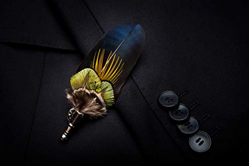 RBOCOTT Handmade Feather Pre-tied Bow tie and Brooch Sets for Men - color: Peacock Blue/Yellow