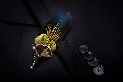 RBOCOTT Handmade Feather Pre-tied Bow tie and Brooch Sets for Men - color: Peacock Blue/Yellow
