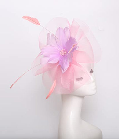 Women Derby Church Organza Flower Wedding Tea Party Fascinator Wide Brim Sun Hat - color: H2-purple,pink Flower