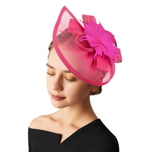 AQOKKA Women Fascinators Hats Flower Fascinators with Headband and Clip Tea Party Headwear for Women and Girls - color: Deep Pink Feather Flower a