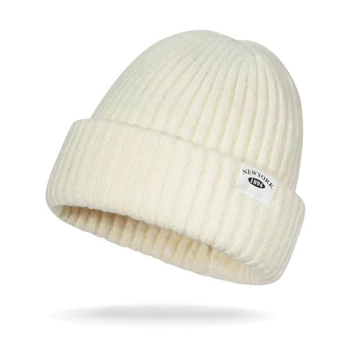 Clakllie Swag Beanie for Men Cuffed Thick Knitted Hat Warm Winter Hats Plain Stocking Skullcap Stretchy Fisherman Beanies Hat - color: Cdus-kh25w03-cream
