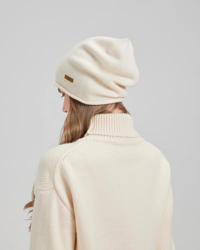 100% Merino Wool Slouchy Beanie Hat, Women Warm Winter Caps Soft, Ladies Breathable & Cozy Stretchy Knitted Skull Cap - color: Beige