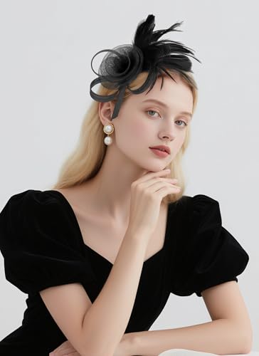 Zinniday Victorian Feather Fascinators Hats - 2025 Derby Attire Headwear with Hairpin,1920s Tea Party Hat for Woman - color: Black