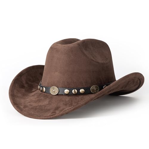 Western Cowboy Hat for Men Wide Brim Suede Cattleman Cowgril Hats - color: Black Belt /Coffee