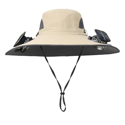 Men Women Wide Brim Sun Hats with 2 Solar Fan Waterproof Breathable Bucket Hat Outdoor Fishing Hat for Hiking Camping - color: Solid Khaki
