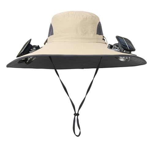 Men Women Wide Brim Sun Hats with 2 Solar Fan Waterproof Breathable Bucket Hat Outdoor Fishing Hat for Hiking Camping - color: Solid Khaki