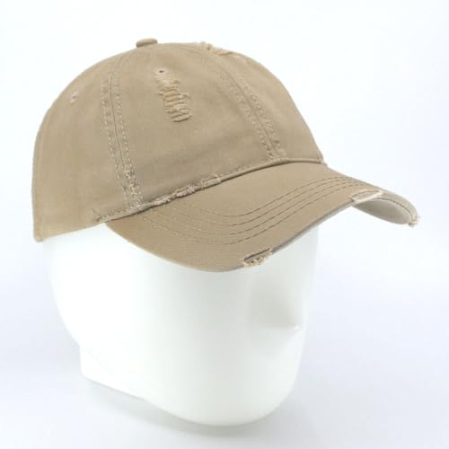 Washed Cotton Distressed with Heavy Stitching Adjustable Baseball Cap - color: Distressed Tea Stained Khaki