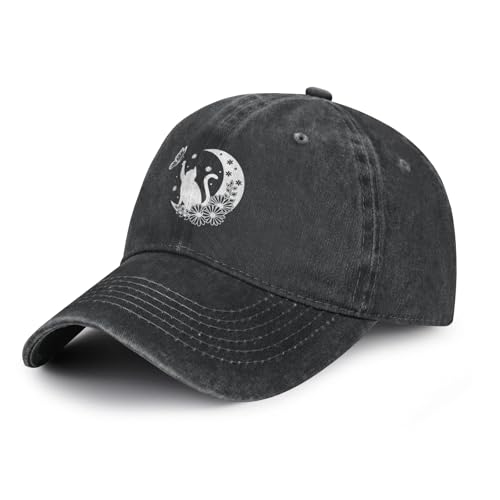 Women's Floral Moon Cat and Butterfly Hat for Men Women, Adjustable Vintage Distressed Washed Baseball Cap