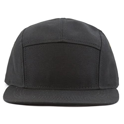 The Hat Depot Made in USA Cotton Twill 5 Panel Flat Brim Genuine Leather Brass Biker Board Cap - color: Black
