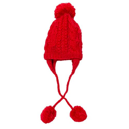 Women Winter Crochet Hat Cable Knit Beanie Ski Ear Flaps Pom Cap - color: Red