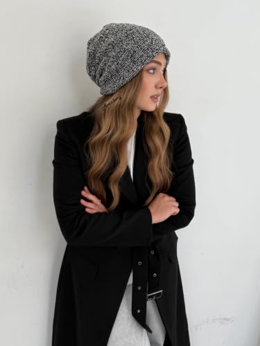 Oversized Slouchy Non-Itchy Knit Beanie Winter Hat for Men & Women - color: Grey / Black & White