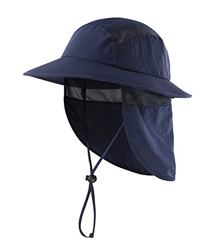 Home Prefer UPF 50+ Boys Sun Hat with Neck Flap Wide Brim Summer Beach Bucket Hat for Boys Girls Toddler Kids Safari Hat - color: Navy Blue