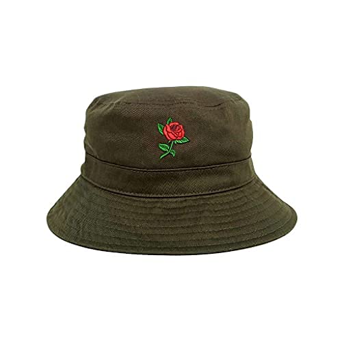 Red Rose Embroidered Bucket Hat, Unisex Hat, Summer Hat, Sun Hat, Outdoors Hat - color: Olive