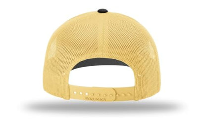 Richardson 112 Trucker Hat - Premium Blank Baseball Cap, Adjustable Snapback Hat - Structured Six Panel Richardson Blank Hats - color: Black/ Vegas Gold