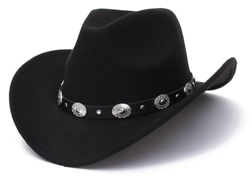 Black Cowboy Cowgirl Hat for Women Men Western Style Wide Brim Felt Fedora Panama Hat with Detachable Belt Buckle - color: Black-style a