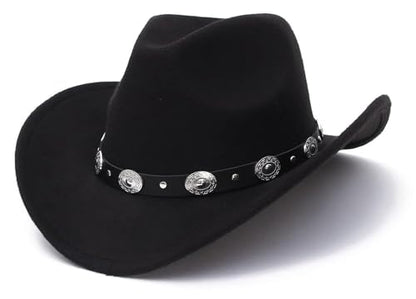 Black Cowboy Cowgirl Hat for Women Men Western Style Wide Brim Felt Fedora Panama Hat with Detachable Belt Buckle - color: Black-style a