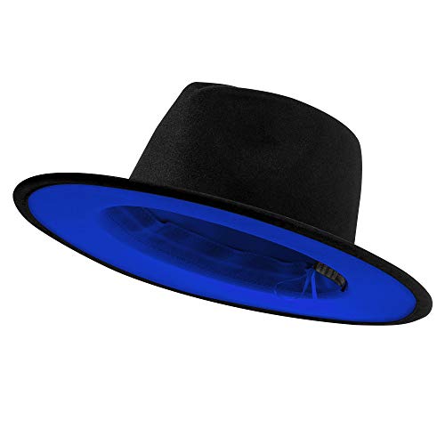 jingsha Fedora Hats for Men & Women Wide Brim Fedora Felt Panama Hat Men's Dress Hats with Belt Buckle - color: Black-royal Blue(inside), size: Medium