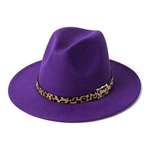 Women's Wide Brim Felt Fedora Panama Hat with Leopard - color: Purple