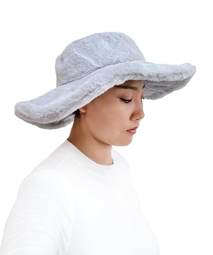Lina & Lily Oversized Women's Winter Bucket Hat Faux Fur Wide Floppy Brim - color: Light Gray