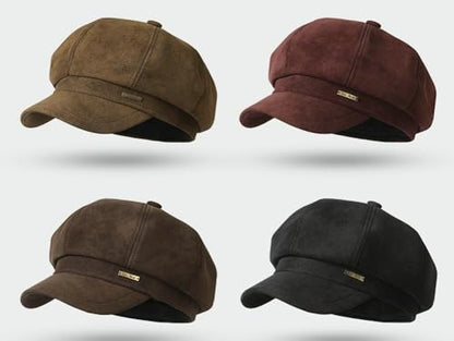 Womens 8 Panel Suede Newsboy-Cap Fall Winter Cabbie Beret Cap Retro British Gatsby Ivy Painter Visor Hat - color: Brown