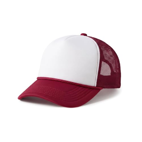 CHOK.LIDS Blank Foam Trucker Hat, Retro Mesh Rope Snapback Cap, Men Women - color: Curved Brim (White/Burgundy)