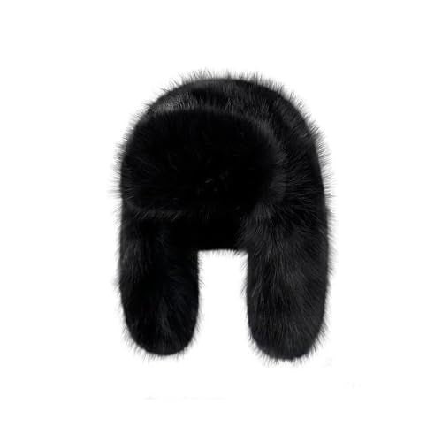 Luxurious Faux Mink Fur Ladies Trapper Hat，Pure Color Simplistic Women’s Winter Hat，Furry Ushanka Warm Hat - color: Black