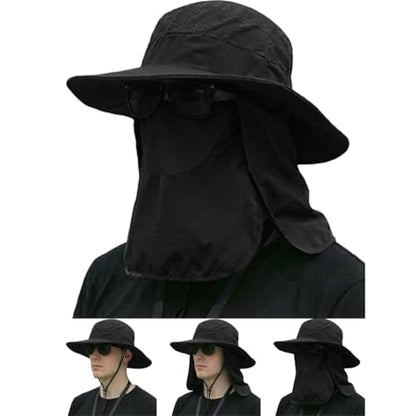 Sun Hat Bucket Hats for Men Women,Outdoor Wide Brim Fishing Hat with Detachable Face Cover & Neck Flap UV Protection - color: Black
