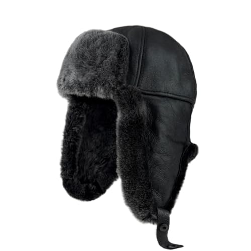 Leather Aviator Russian Ushanka Trapper Shearling Sheepskin Fur Ear Flap Waterproof Winter Hat - color: Gray, size: Small