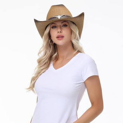 WQWOVRVO Cowboy Hat,Cowgirl hat,Brown Cowboy Hats for Women/Mens Straw Wide with Shapeable Brim Western Cowboy Hat for Womens - color: Light Brown
